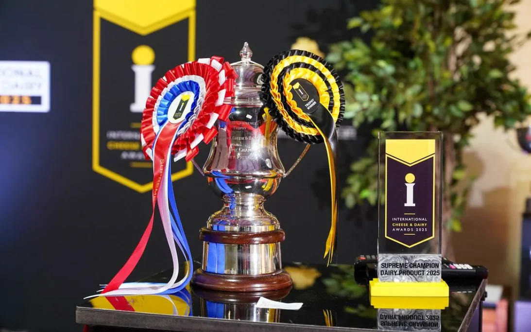 Silver trophy with rosettes and glass award for Supreme Champion Dairy Product 2025