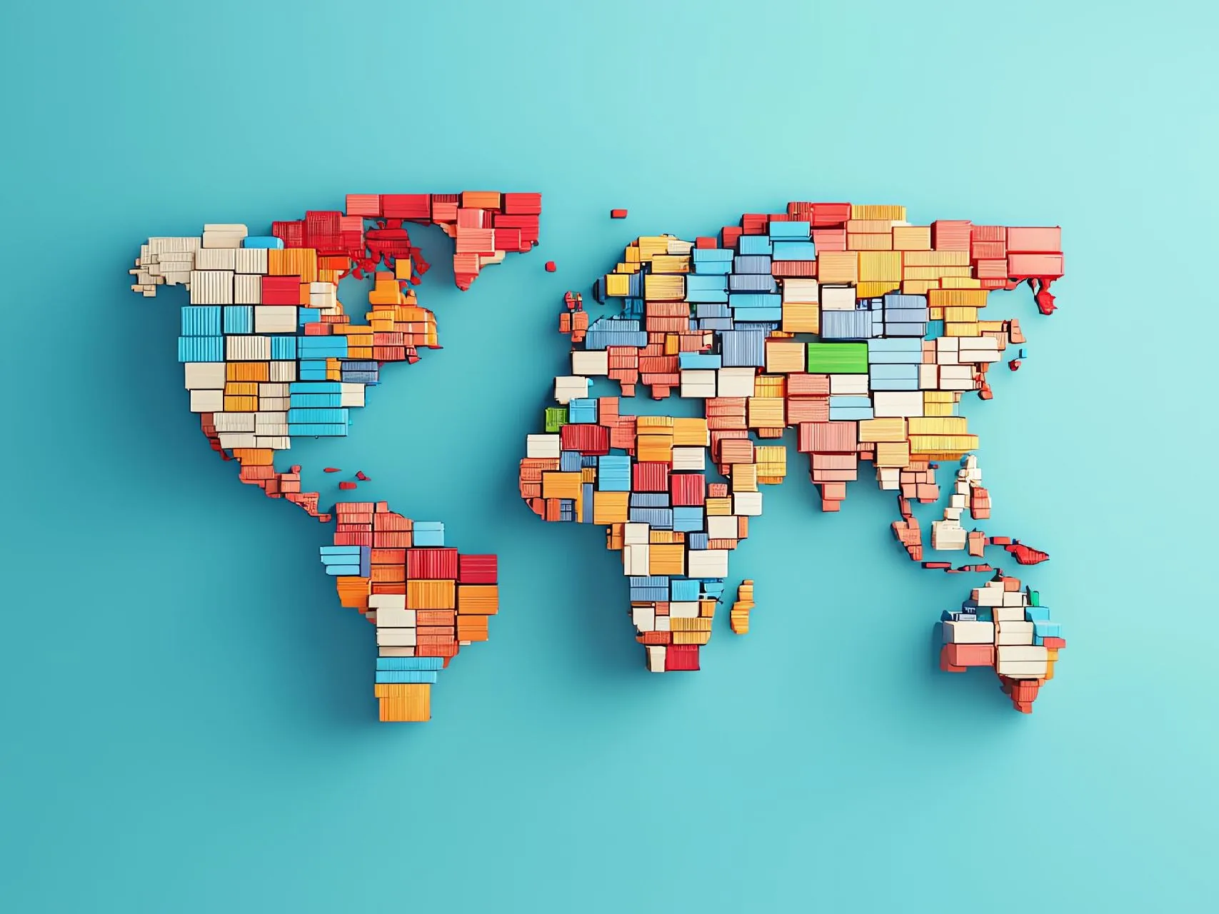 World map built from stacked colourful shipping containers on a pale blue background