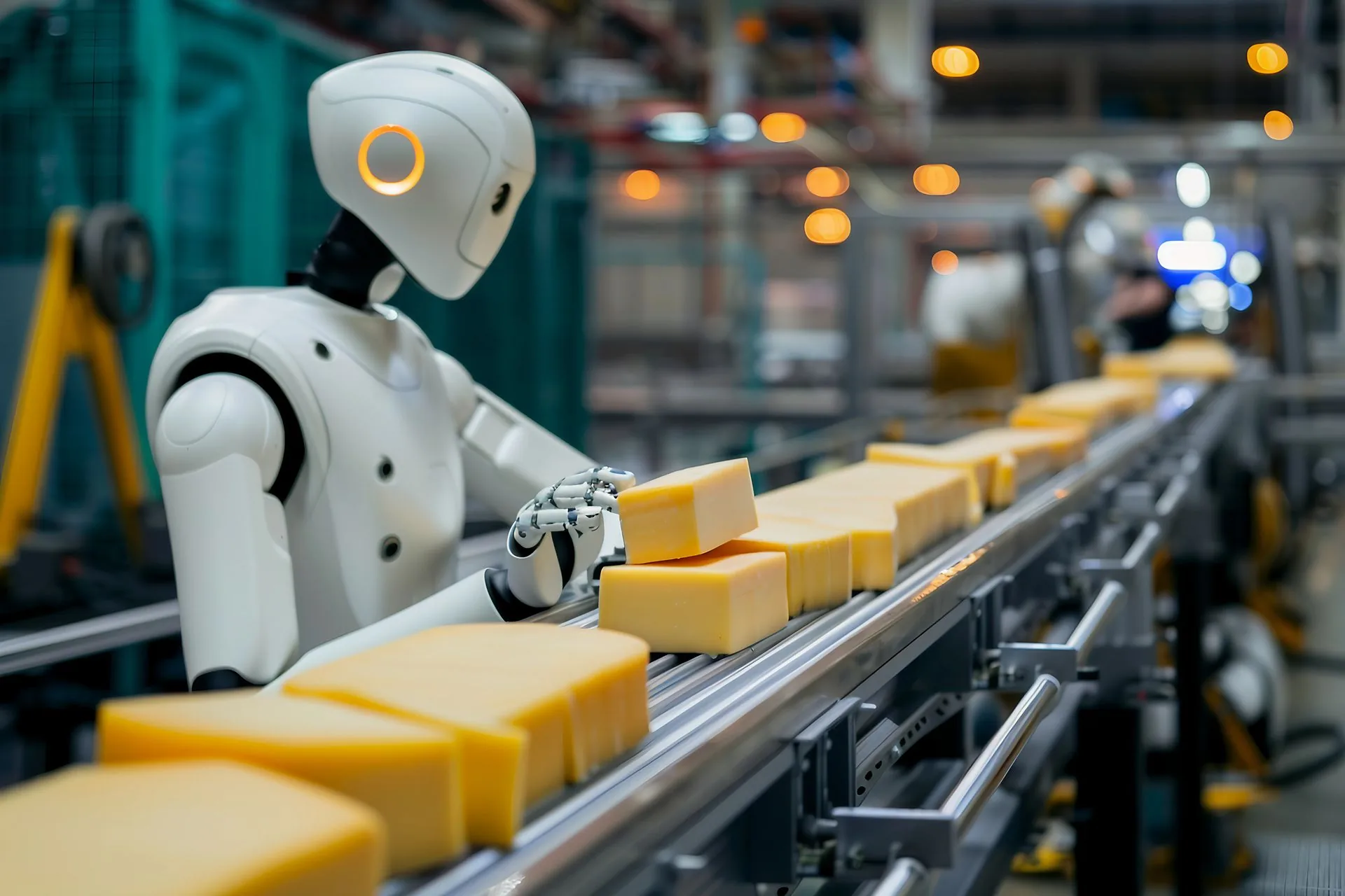 Humanoid robot arranging blocks of cheese on a factory conveyor line
