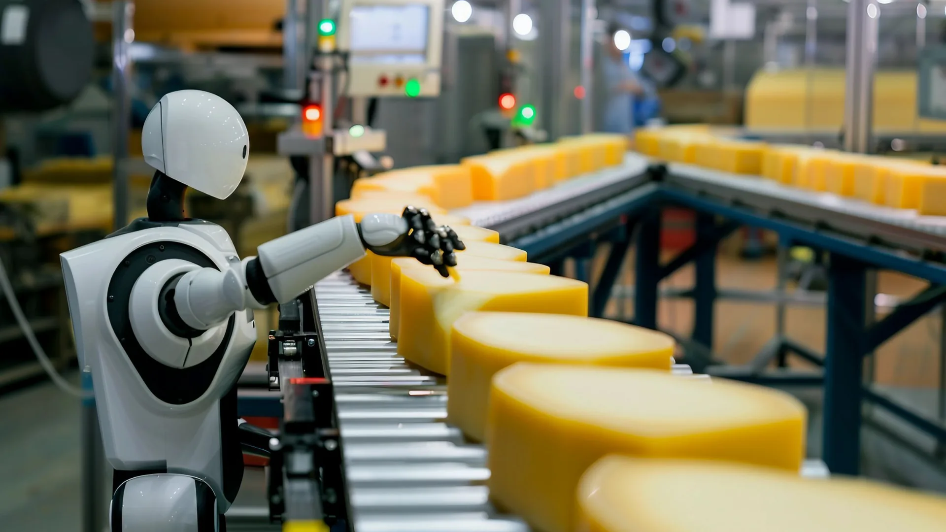 White humanoid robot handling wheels of cheese on a factory conveyor line