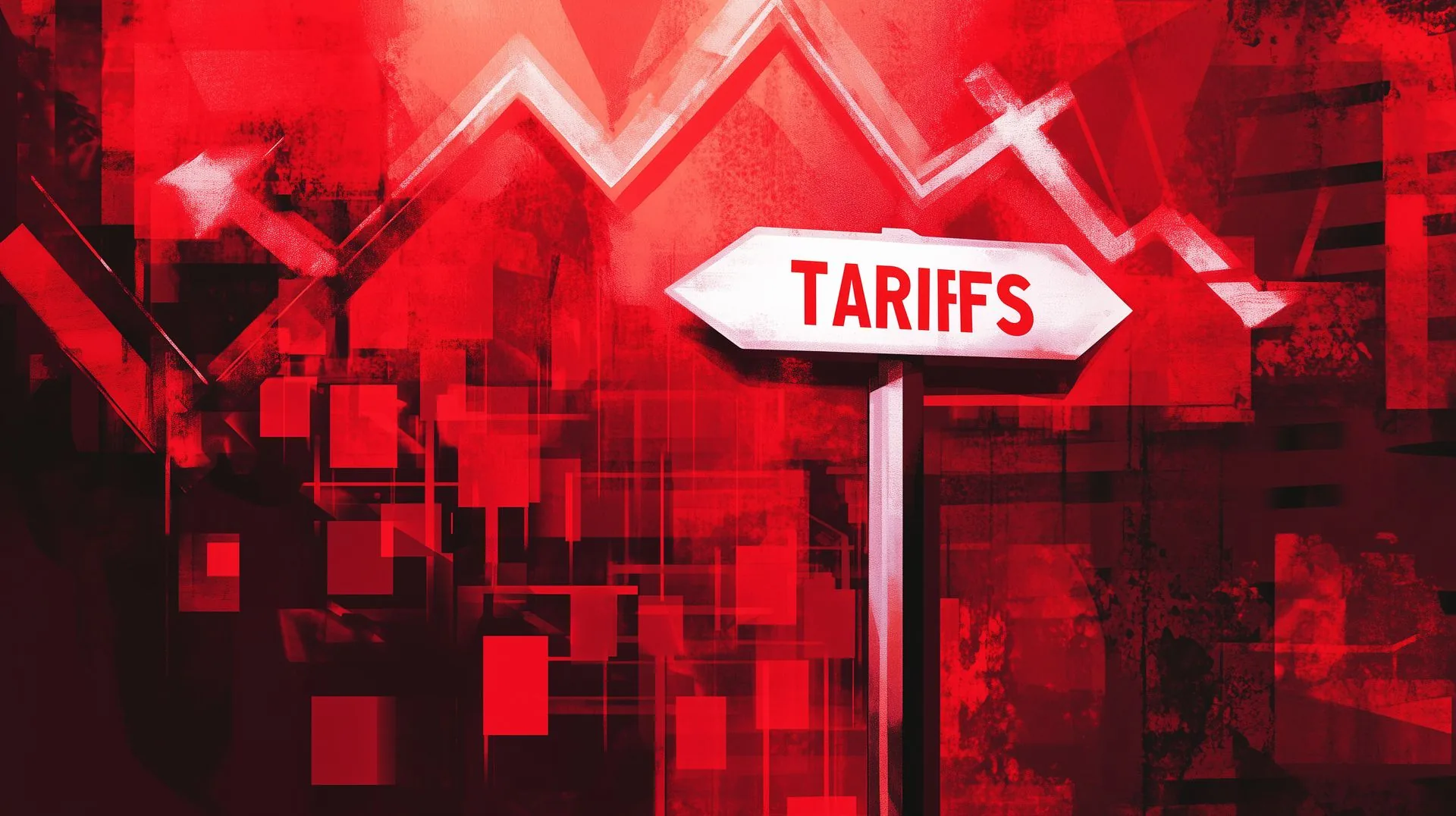 Red directional signpost reading Tariffs over an abstract falling market graph