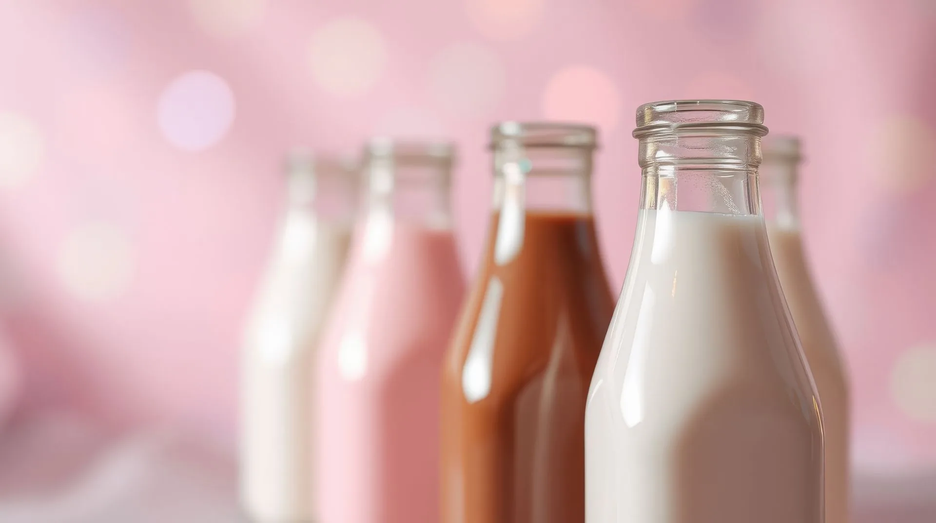 Glass bottles of white, pink and chocolate flavoured milk on a soft pink background