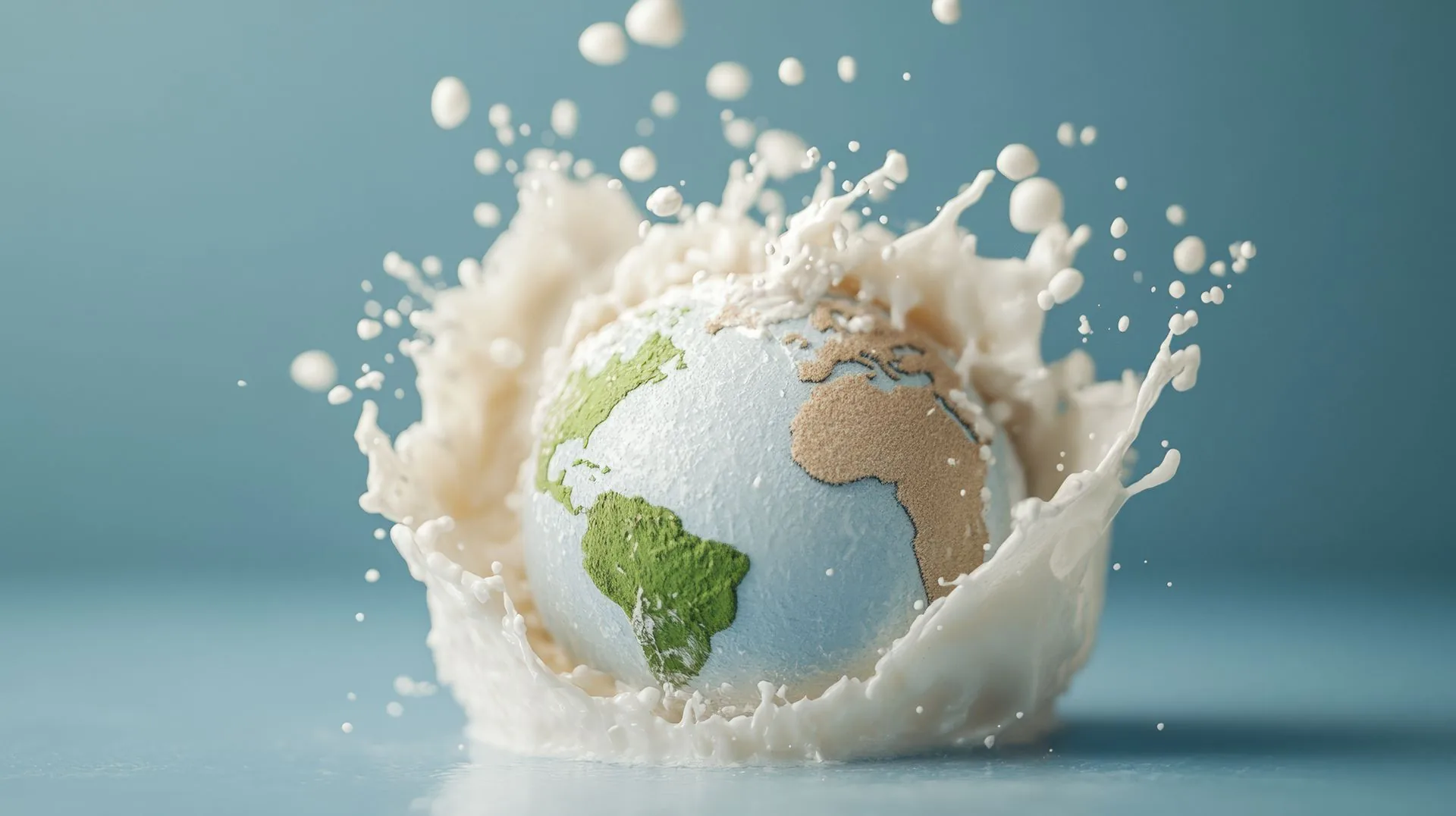 Globe splashing into milk against a pale blue background