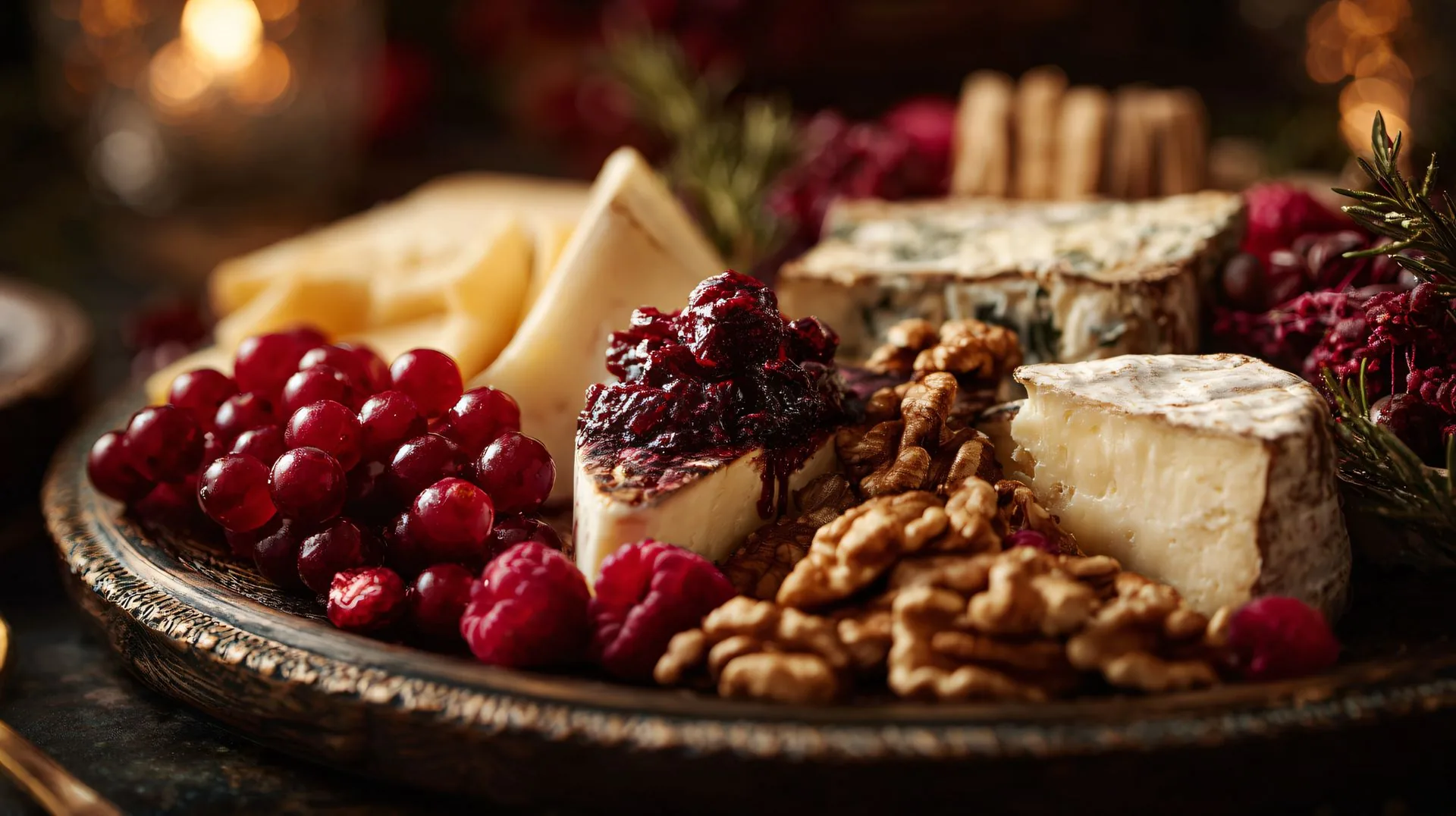 Festive cheeseboard with blue cheese, brie, grapes, walnuts and berry compote