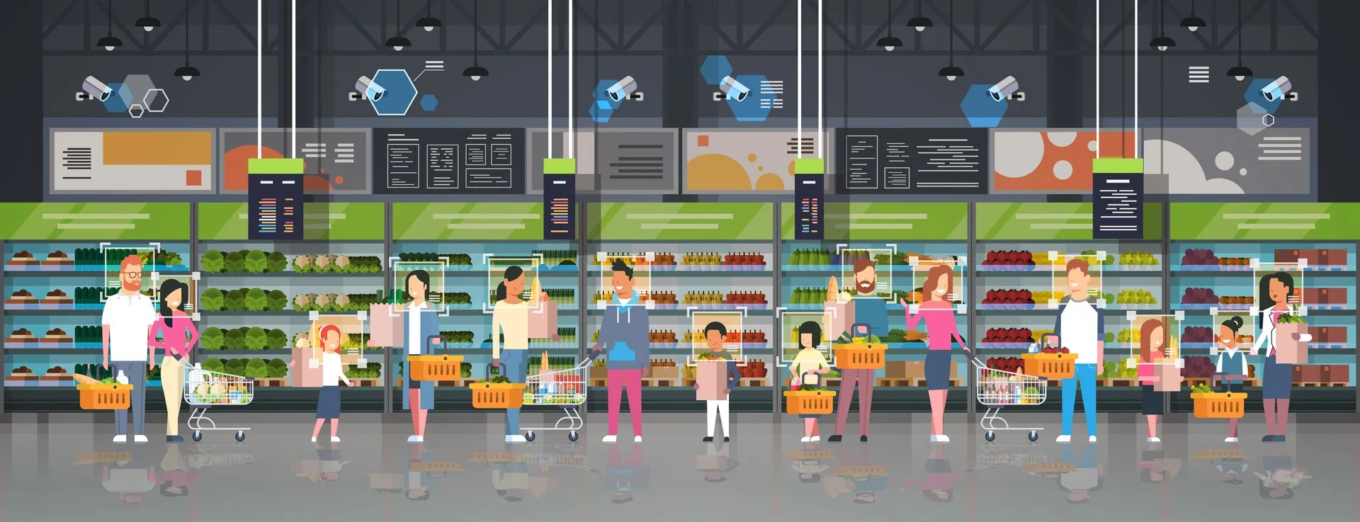 Flat illustration of shoppers with baskets and surveillance cameras tracking a supermarket aisle