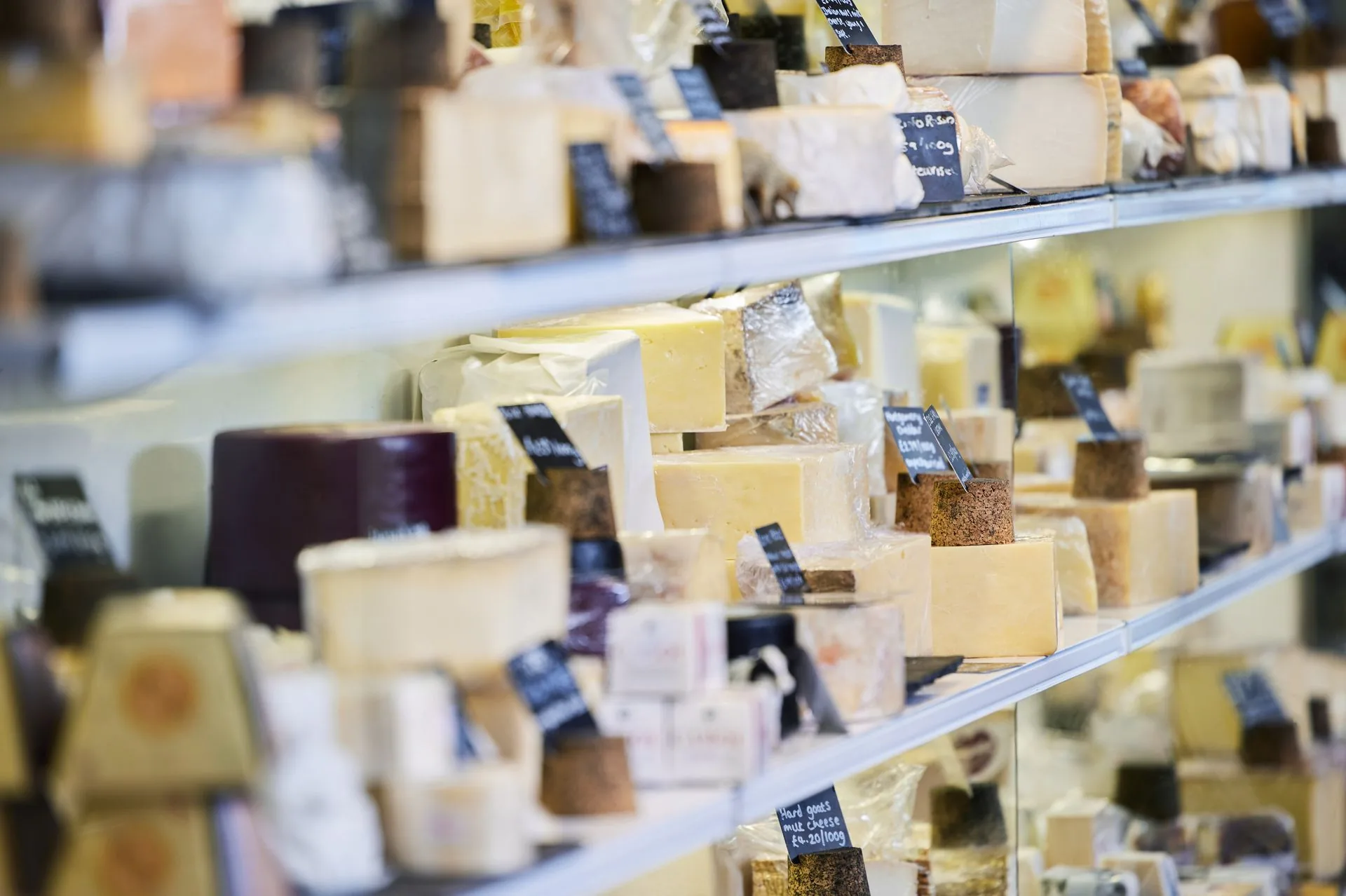 Cheese counter shelves stacked with wedges and truckles bearing price labels