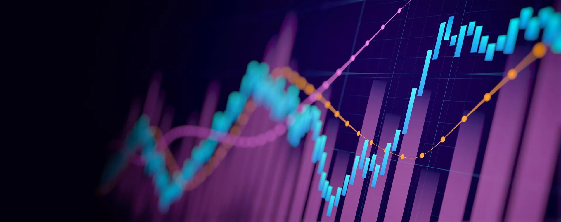 Abstract candlestick trading chart with blue bars and purple and orange trend lines