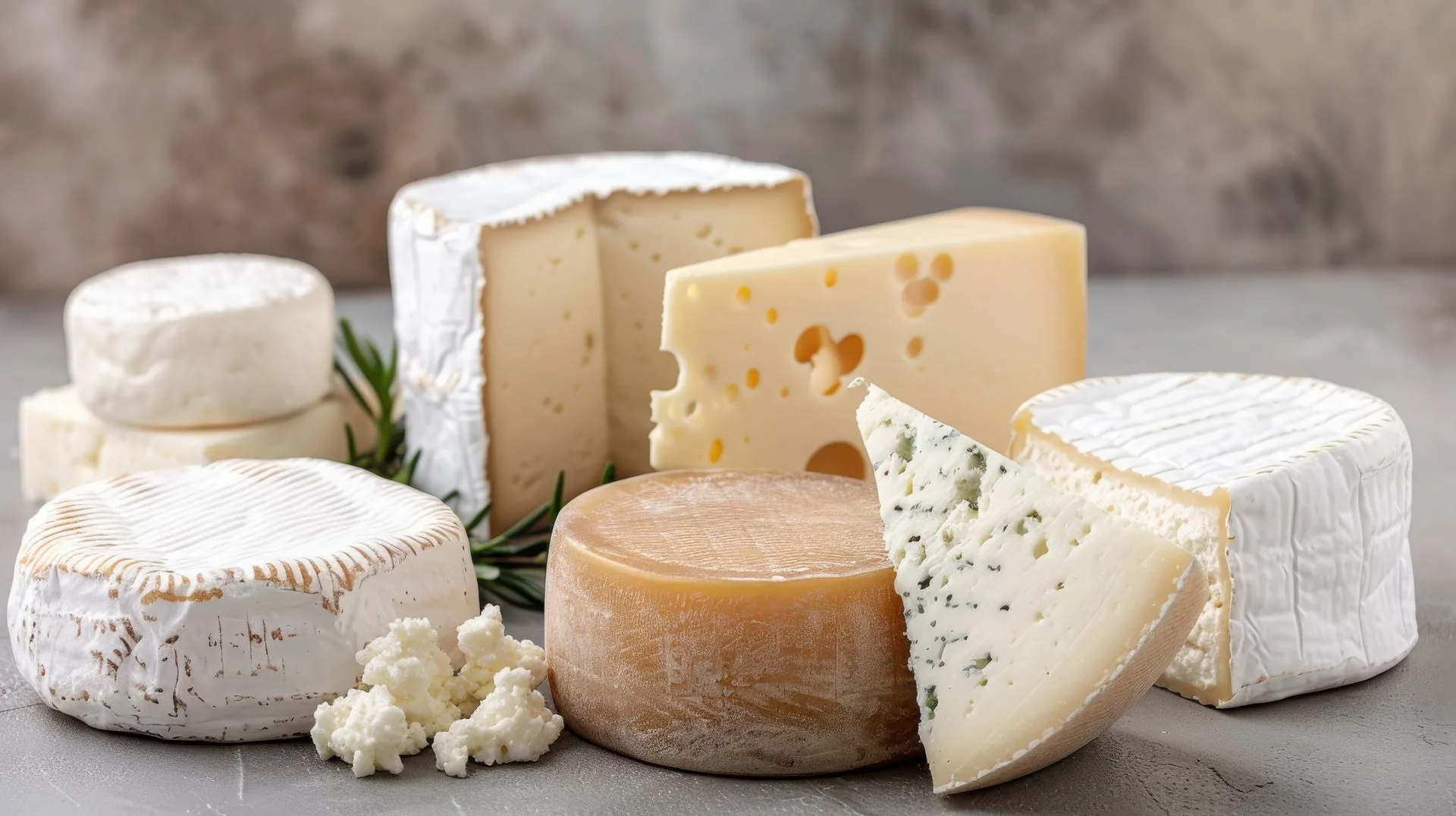 Selection of soft, hard and blue cheeses with rosemary on a grey surface