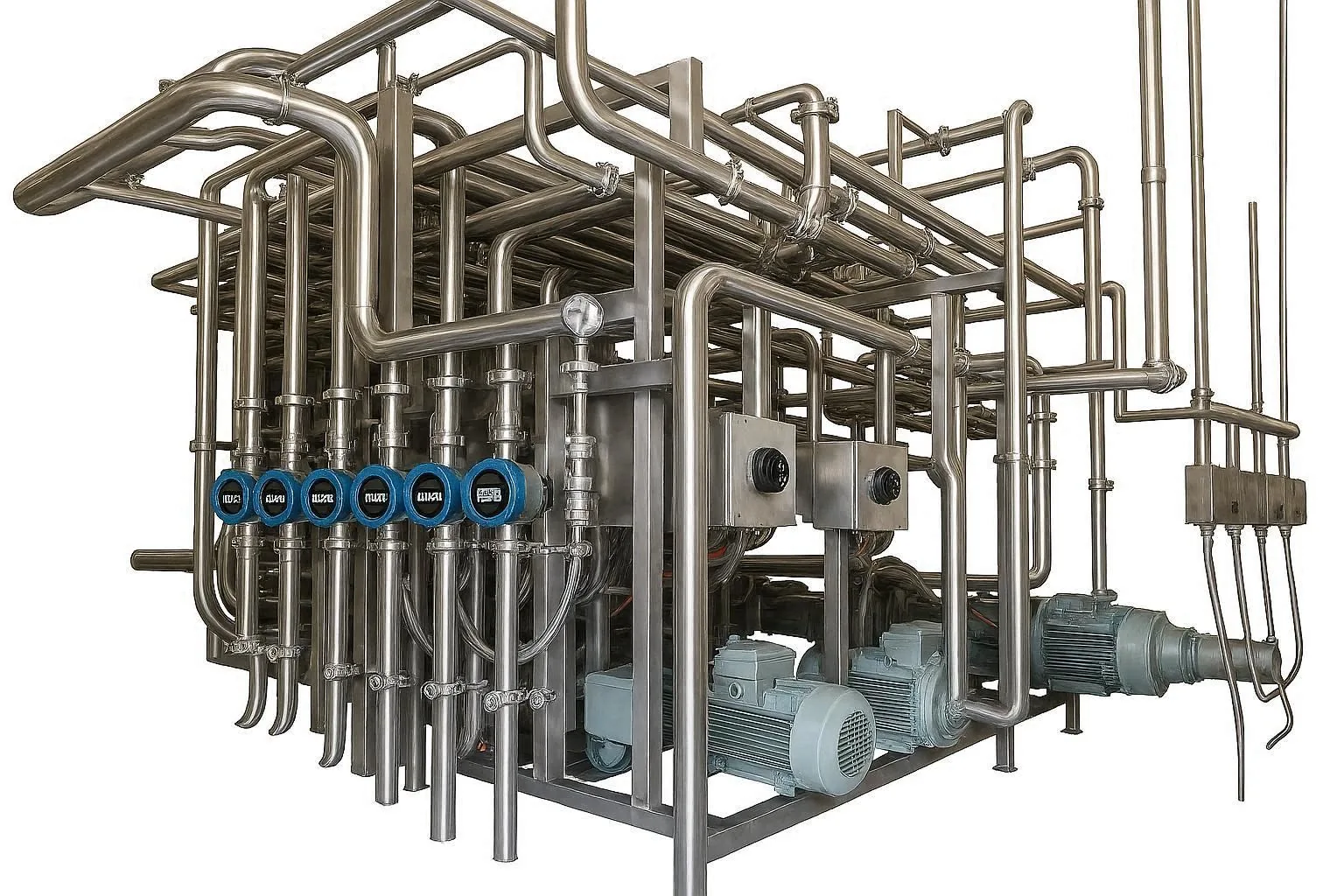 Stainless steel pipework, valves, pumps and flow meters of a dairy processing skid