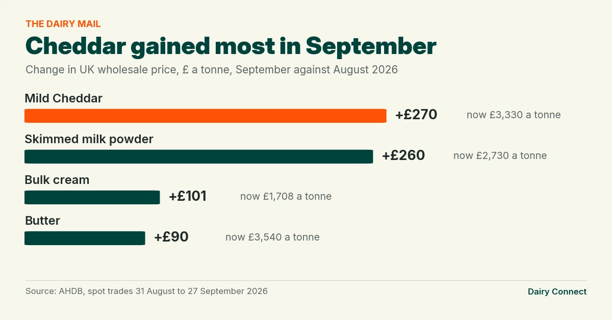 Bar chart of the change in UK wholesale price in September 2026 against August, pounds a tonne. Mild Cheddar up £270 to £3,330, skimmed milk powder up £260 to £2,730, bulk cream up £101 to £1,708, butter up £90 to £3,540.