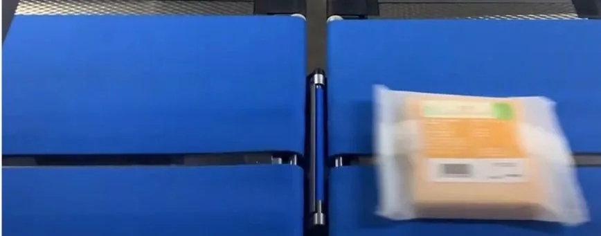 Packaged product moving along a blue conveyor sorting belt