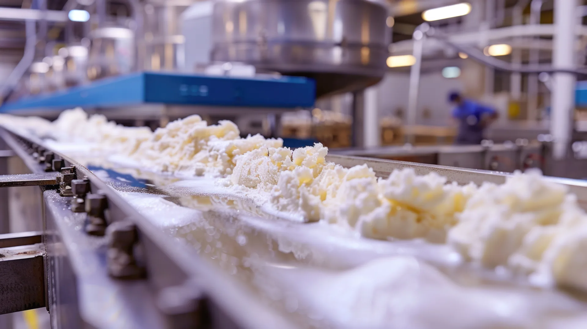 Fresh curd moving along a stainless steel conveyor in a dairy processing plant