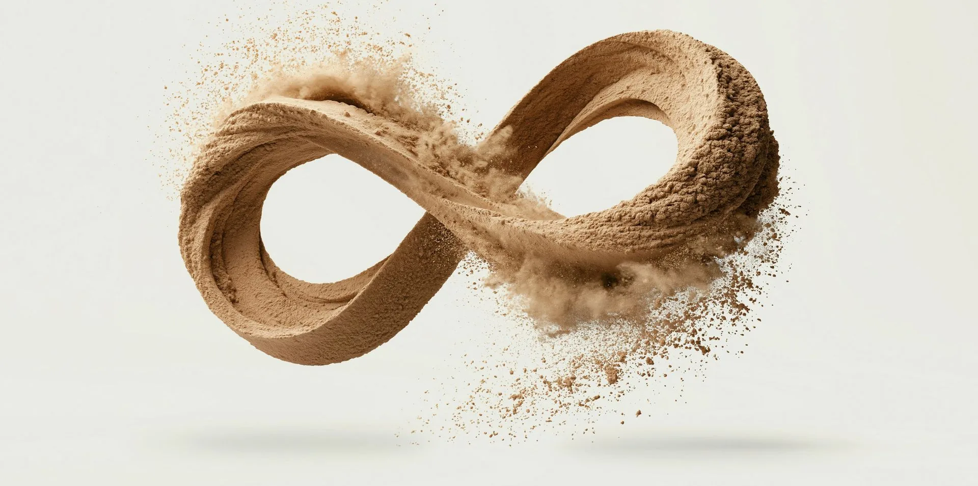 Infinity symbol formed from whey protein powder, its edges breaking into dust against a pale background
